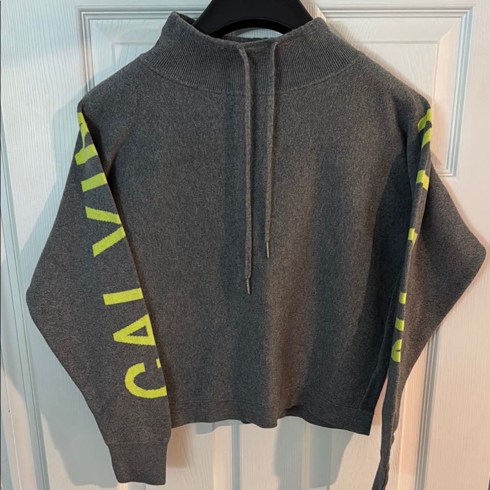 Calvin Klein Gray and Yellow Cowl Neck Cropped Sweater